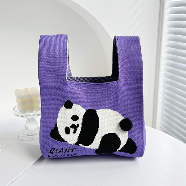 Cartoon Panda Knit Bag Large Capacity Vest Handbag Purple Women's Bags & Handbags