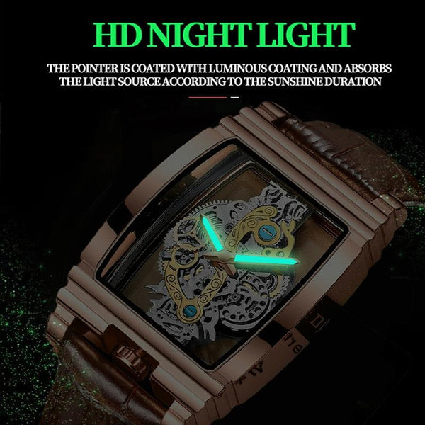 Waterproof Luminous Business Watch For Men Gear Hollow Outdoor Brown Leather Gold Watches