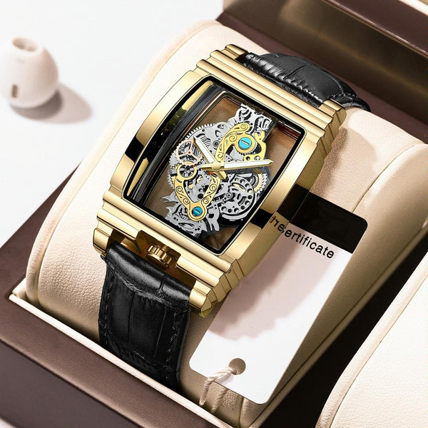 Waterproof Luminous Business Watch For Men Gear Hollow Outdoor Brown Leather Gold Watches