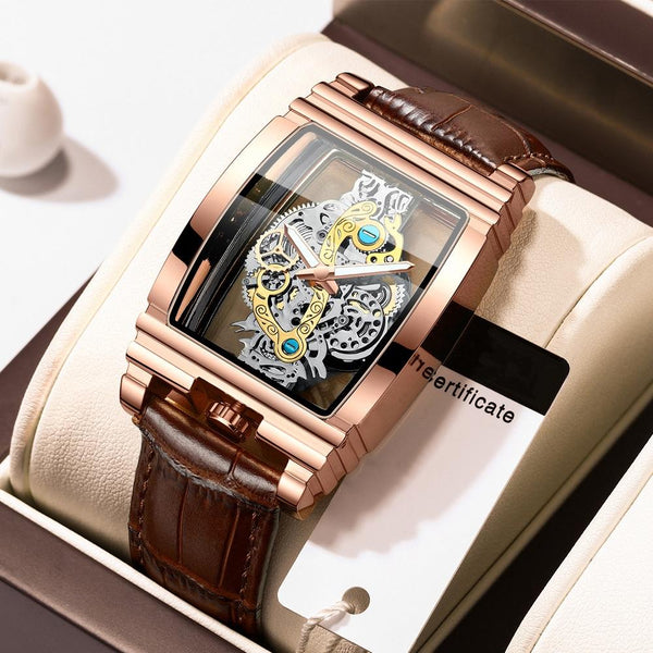 Waterproof Luminous Business Watch For Men Gear Hollow Outdoor Brown Leather Gold Watches