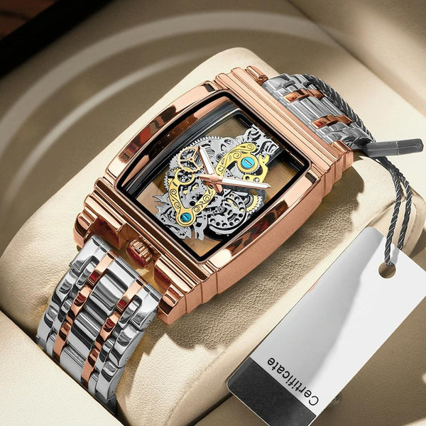Waterproof Luminous Business Watch For Men Gear Hollow Outdoor Brown Leather Gold Watches