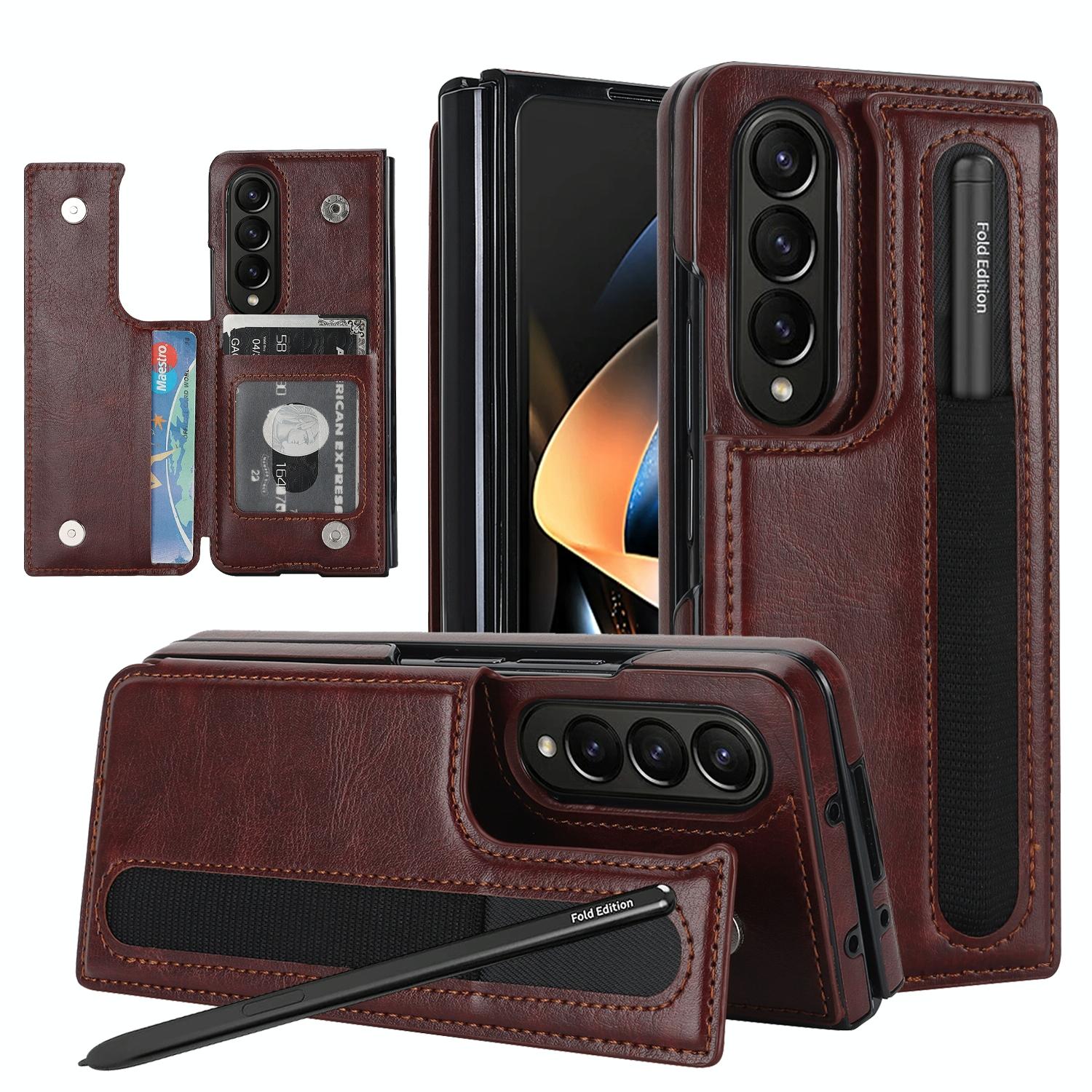 For Samsung Galaxy Z Fold4 5G Double Buckle Foldable Phone Case With Pen Slot Brown Cases Covers & Skins