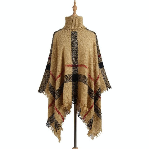 Women Mid Length Turtleneck Sweater Fringed Cloak Shawl Size Free Khaki Scarves & Wraps
