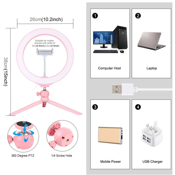 10.2 Selfie Beauty Light With Tripod Mount And Usb 3 Modes Dimmable Led Ring For Vlogging Photography Cold Shoe Ball Head Phone Clamp Other Lighting &