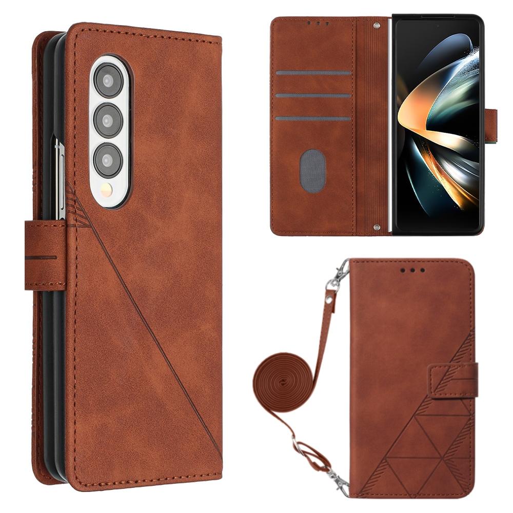 Embossed Leather Flip Crossbody Phone Case 3D Design For Samsung Galaxy Z Fold4 5G Brown Other Mobile Accessories