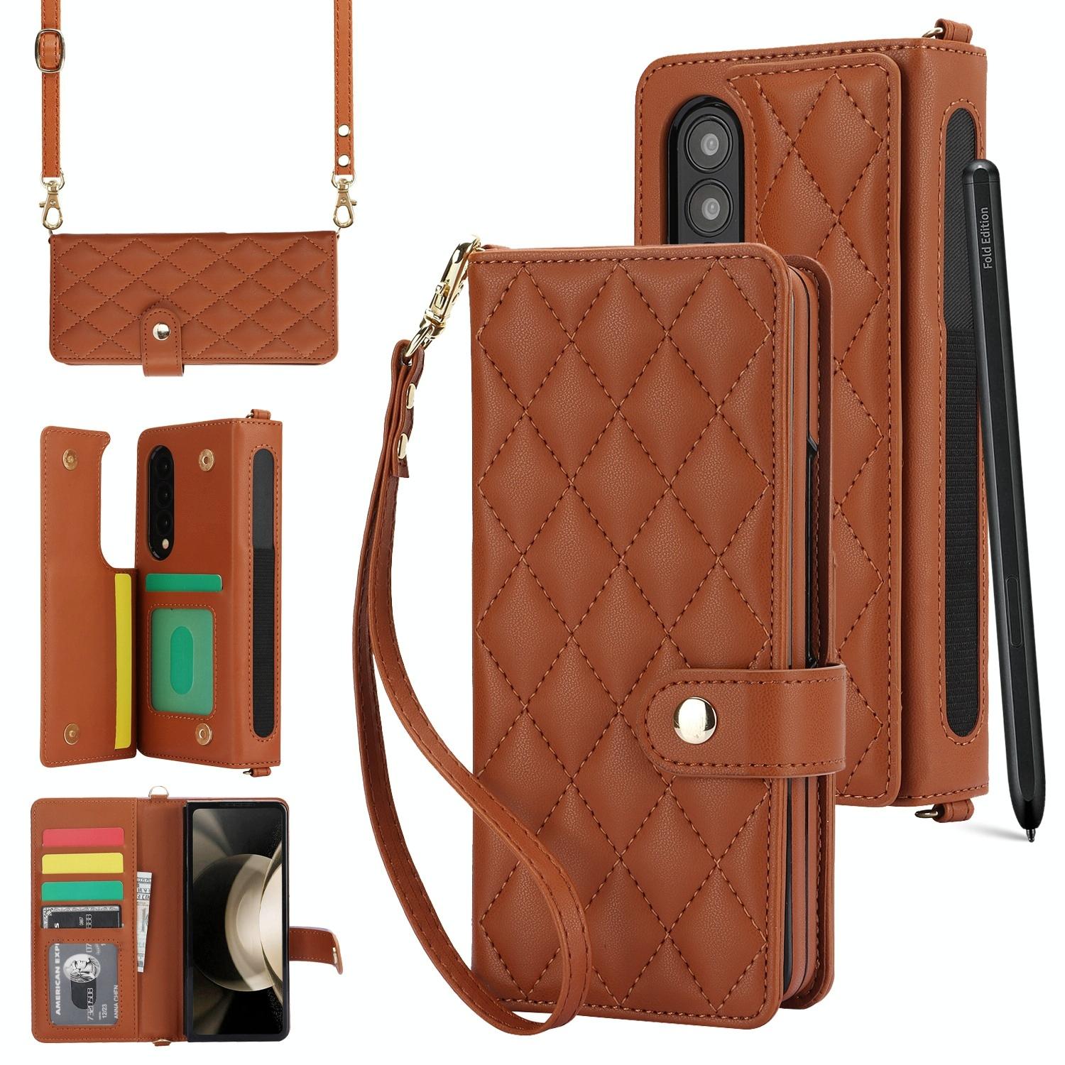 For Samsung Galaxy Z Fold4 5G Multifunctional Rhombic Leather Crossbody Phone Case Brown Cases Covers & Skins