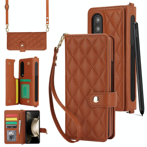 For Samsung Galaxy Z Fold4 5G Multifunctional Rhombic Leather Crossbody Phone Case Brown Cases Covers & Skins