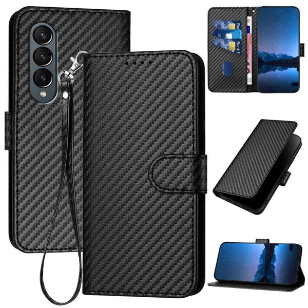 For Samsung Galaxy Z Fold4 5G Carbon Fiber Leather Phone Case With Lanyard Black Cases Covers & Skins