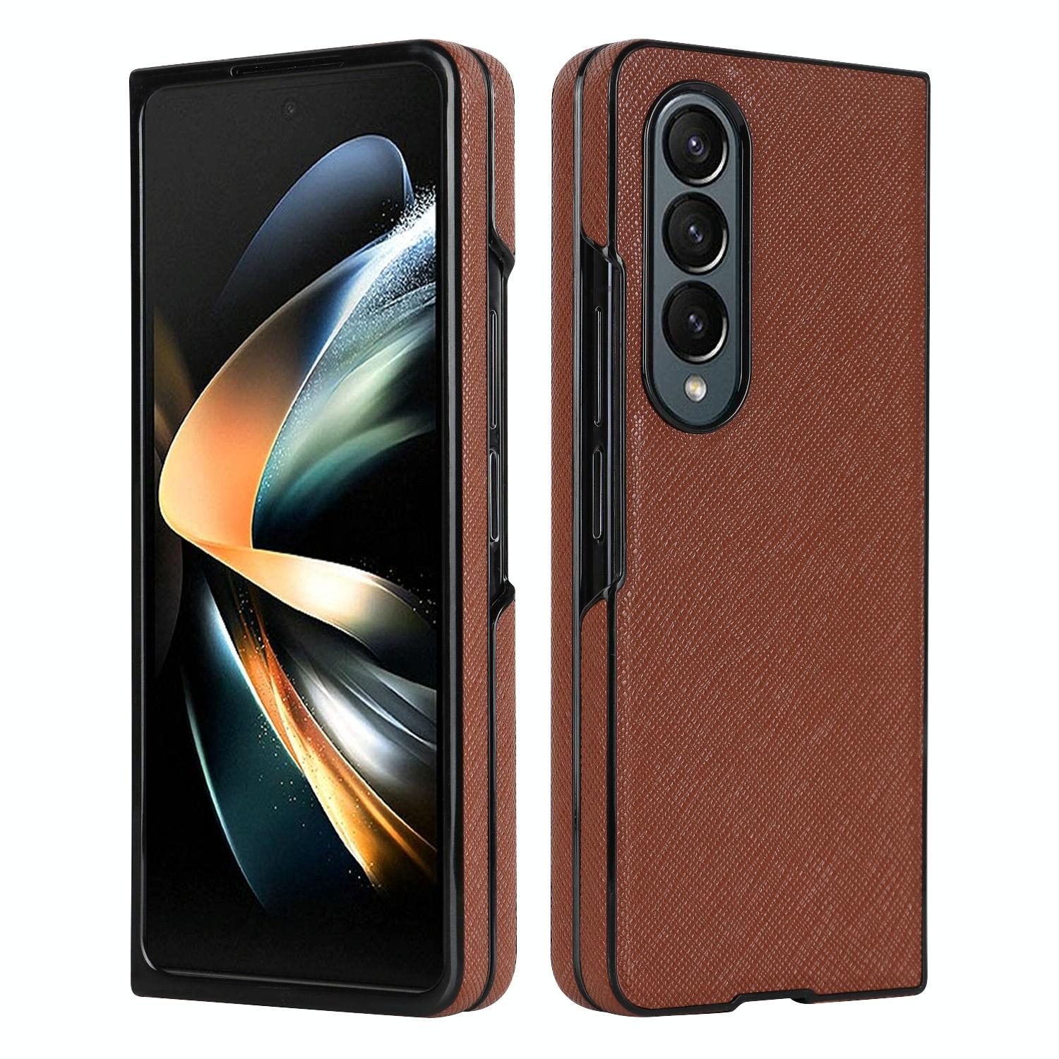 For Samsung Galaxy Z Fold4 5G Foldable Cross Pattern Phone Case Compact Design Brown Other Mobile Accessories