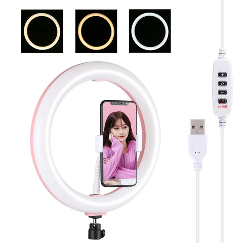 26Cm Usb 3 Modes Dimmable Led Ring Light With Phone Clamp Selfie Lights