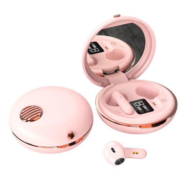 Wireless Hifi Stereo Earphones With Charging Case And Make Up Mirror Pink Earbuds