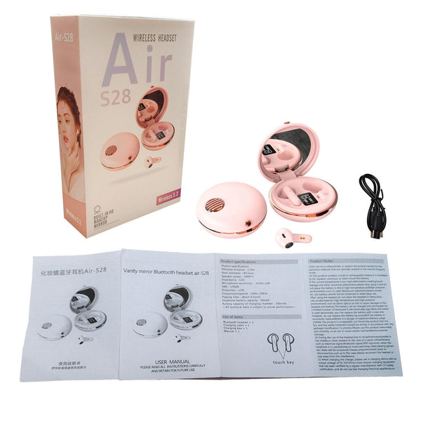 Wireless Hifi Stereo Earphones With Charging Case And Make Up Mirror Pink Earbuds