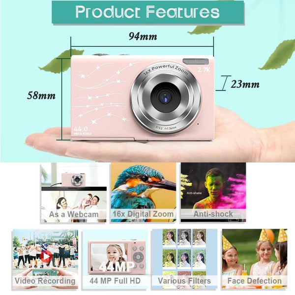 Full Hd 1080P Digital Camera With 44Mp 16X Zoom 2.4 Inch Screen For Children_Pink Digital Cameras