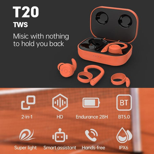 Waterproof T20 Tws Bluetooth Earphones With Charging Box And Noise Cancelling Hooks White Earbuds