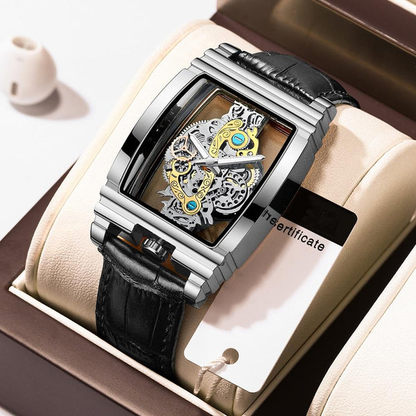 Waterproof Luminous Business Watch For Men Gear Hollow Outdoor Black Leather White Steel Watches