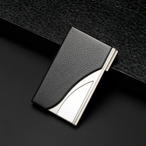Stainless Steel Business Card Case Large Capacity Litchi Black Wallets