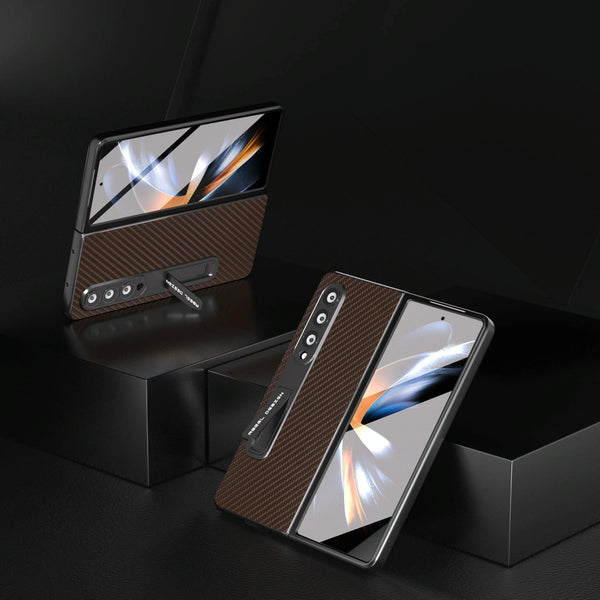 For Samsung Galaxy Z Fold4 5G Carbon Fiber Phone Case With Holder Black Cases Covers & Skins