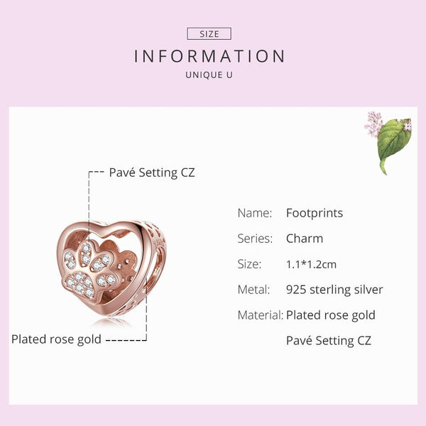 925 Sterling Silver Pet Paw Print Beaded Bracelet Rose Gold Charms & Pendants