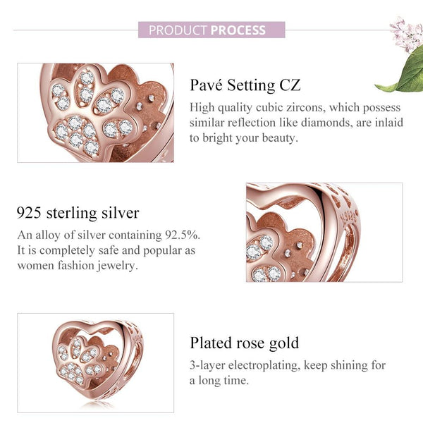 925 Sterling Silver Pet Paw Print Beaded Bracelet Rose Gold Charms & Pendants