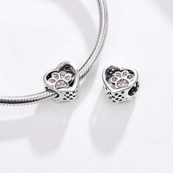 925 Sterling Silver Pet Paw Print Beaded Bracelet Rose Gold Charms & Pendants