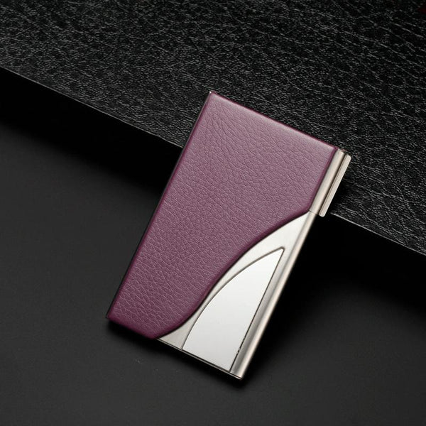 Stainless Steel Business Card Case Large Capacity Litchi Purple Wallets