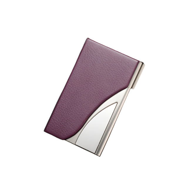 Stainless Steel Business Card Case Large Capacity Litchi Purple Wallets
