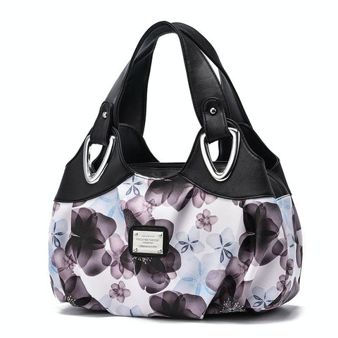 Soft Leather Women Handbag Black Handle Purple Flower Women's Bags & Handbags