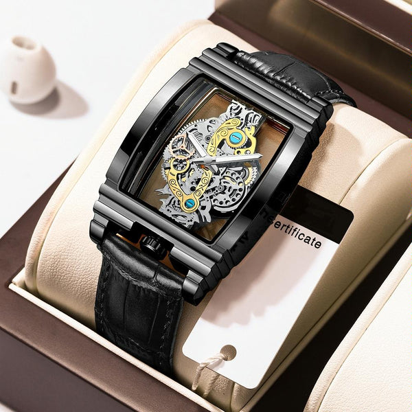 Waterproof Luminous Business Watch For Men Gear Hollow Outdoor Black Leather Strap Steel Case Watches