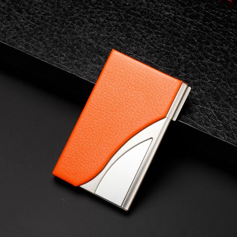Stainless Steel Business Card Case Large Capacity Litchi Orange Wallets
