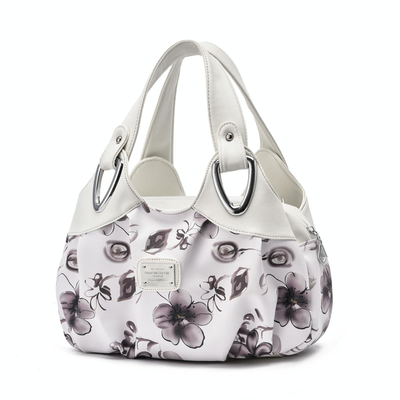 Soft Leather Women Handbag White Handle Gray Flower Women's Bags & Handbags