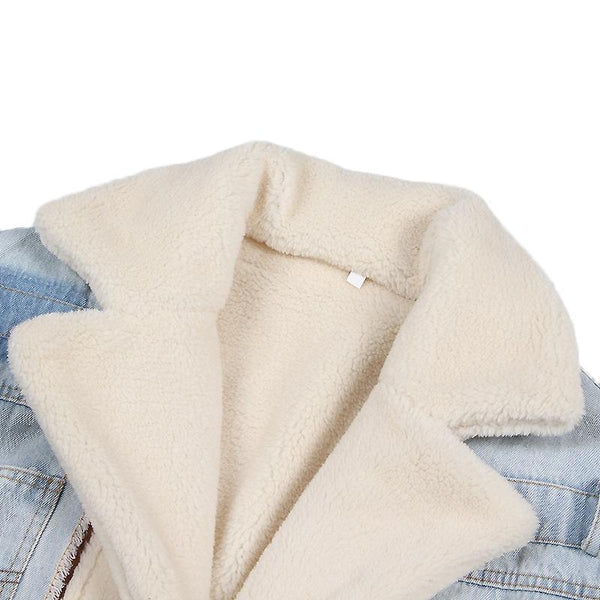Plush Thick Denim Stitching Lamb Fur Lapel Cotton Jacket Blue Xxl Coats Jackets & Vests