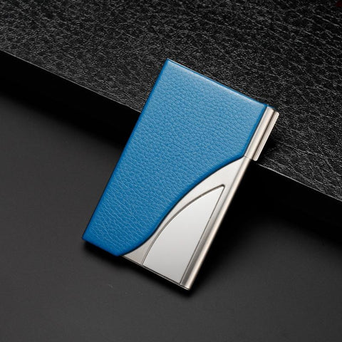 Stainless Steel Business Card Case Large Capacity Litchi Blue Wallets