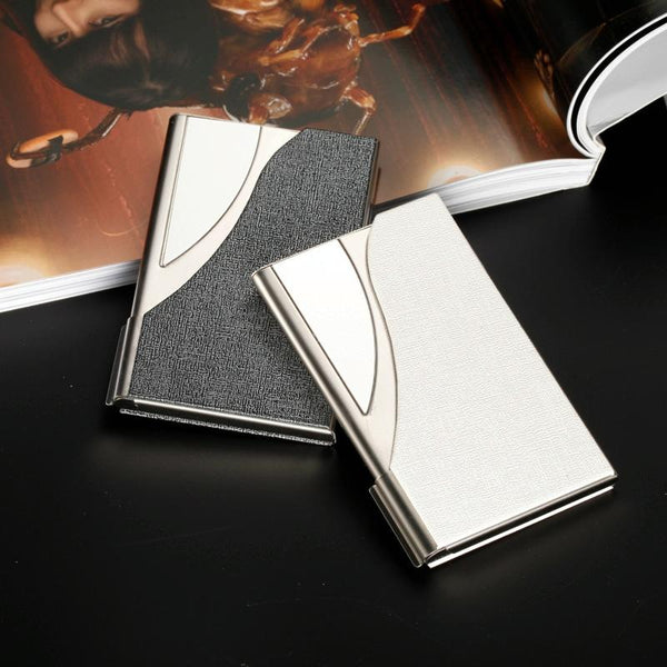 Stainless Steel Business Card Case Large Capacity Litchi Blue Wallets