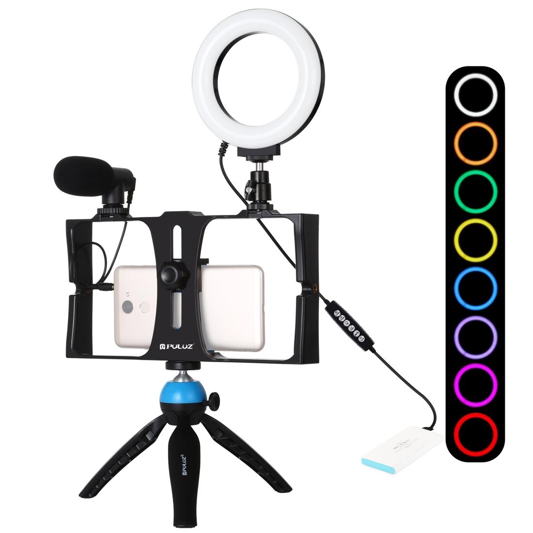 Vlogging Live Broadcast Smartphone Video Rig With 4.7 Inch Rgbw Ring Led Selfie Light Microphone And Pocket Tripod Mount Kit_Blue Selfie Lights