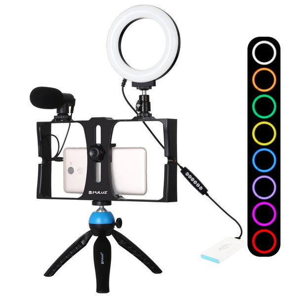 Vlogging Live Broadcast Smartphone Video Rig With 4.7 Inch Rgbw Ring Led Selfie Light Microphone And Pocket Tripod Mount Kit_Blue Selfie Lights