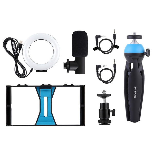 Vlogging Live Broadcast Smartphone Video Rig With 4.7 Inch Rgbw Ring Led Selfie Light Microphone And Pocket Tripod Mount Kit_Blue Selfie Lights