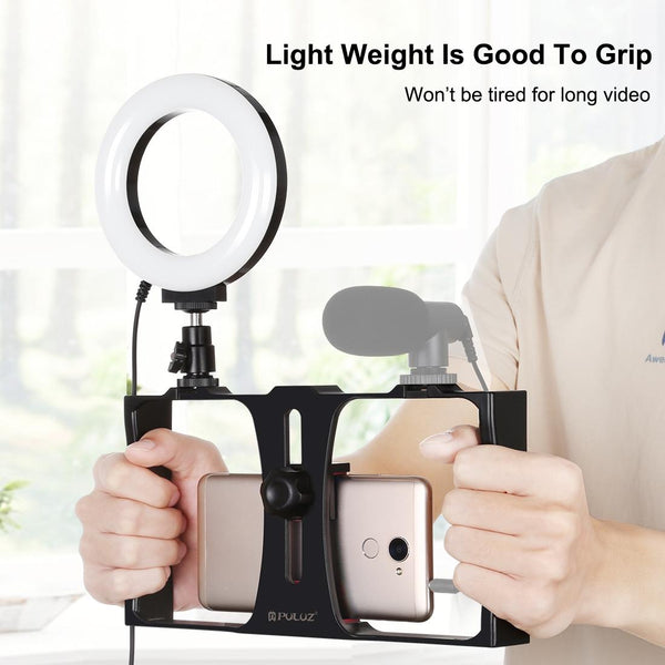 Vlogging Live Broadcast Smartphone Video Rig With 4.7 Inch Ring Led Selfie Light Kit And Cold Shoe Tripod Head Blue Selfie Lights