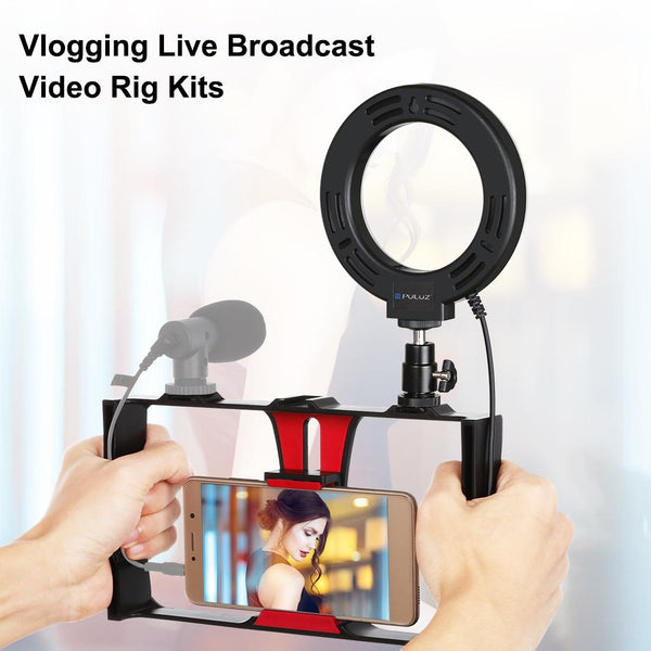 Vlogging Live Broadcast Smartphone Video Rig With 4.7 Inch Ring Led Selfie Light Kit And Cold Shoe Tripod Head Blue Selfie Lights