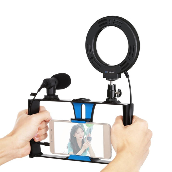 3 In 1 Vlogging Kit With Smartphone Rig Microphone And Led Ring Light_Blue Other Mobile Accessories