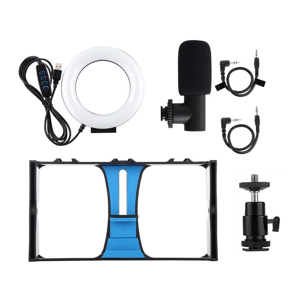 3 In 1 Vlogging Kit With Smartphone Rig Microphone And Led Ring Light_Blue Other Mobile Accessories