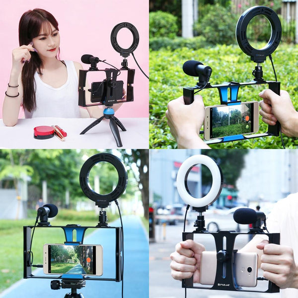 3 In 1 Vlogging Kit With Smartphone Rig Microphone And Led Ring Light_Blue Other Mobile Accessories