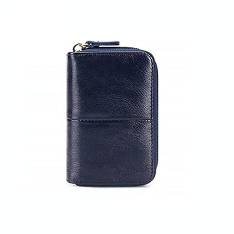 Leather Rfid Zipper Card Holder With Change Pocket Navy Blue Travel Wallets