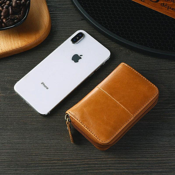 Leather Rfid Zipper Card Holder With Change Pocket Navy Blue Travel Wallets