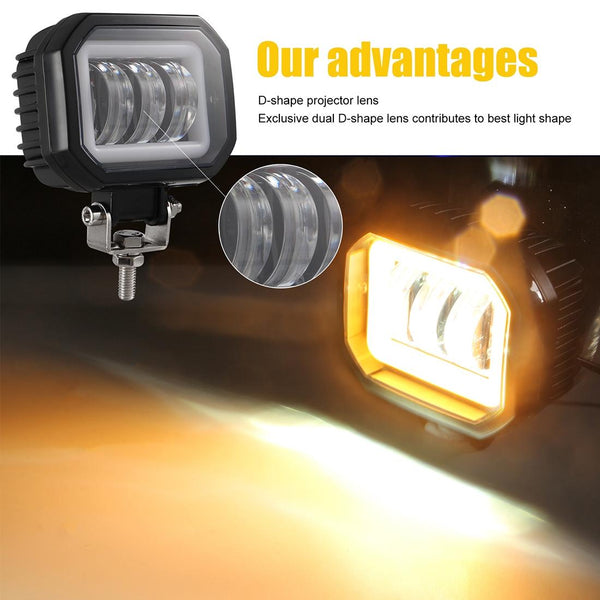 2 Pcs Car 4 Inch Square Spotlight Work Light With Angel Eyes Yellow Led Car Lights
