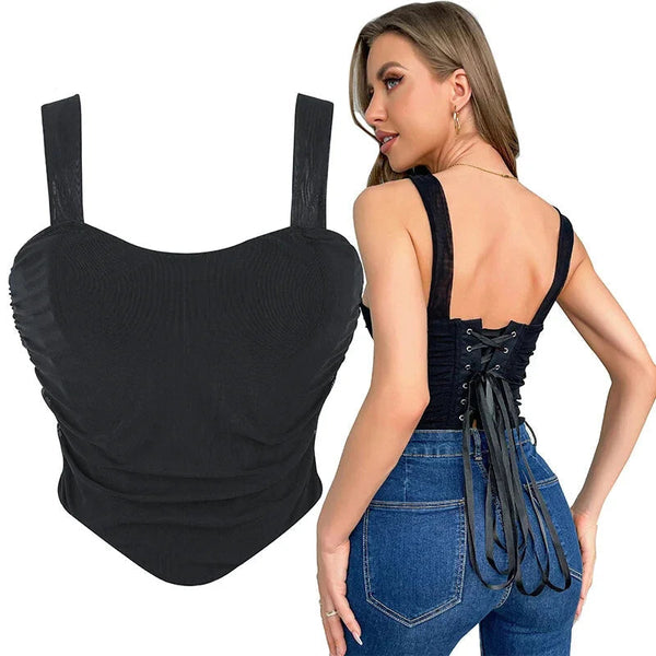 Mesh Bustier Strapless With Lace Up Ruched Hem Black Shapewear