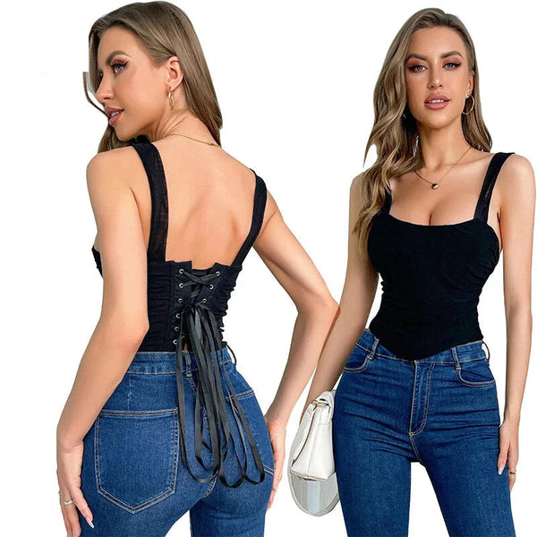 Mesh Bustier Strapless With Lace Up Ruched Hem Black Shapewear
