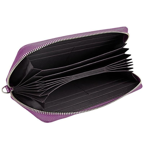 Leather Rfid Card Holder Wallet With Hand Strap Purple Wallets