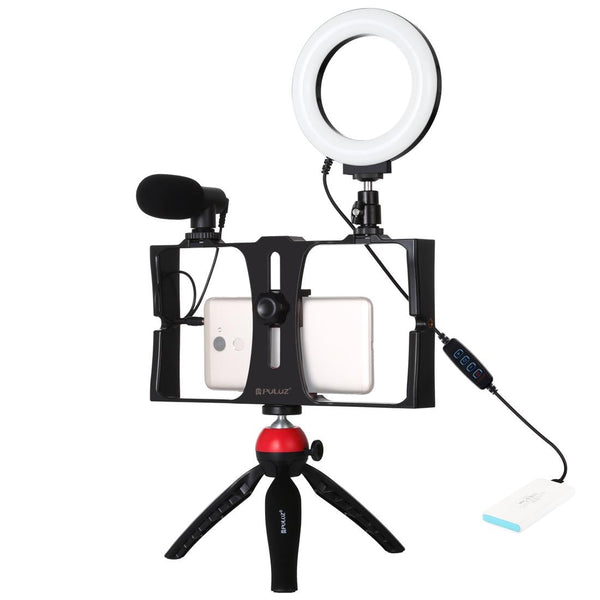 Vlogging Live Broadcast Smartphone Video Rig With Led Selfie Light Microphone Tripod Mount And Cold Shoe Head Blue Tripod Mount Accessories