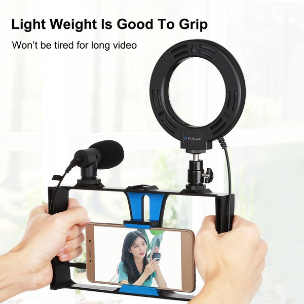 Vlogging Live Broadcast Smartphone Video Rig With Led Selfie Light Microphone Tripod Mount And Cold Shoe Head Blue Tripod Mount Accessories