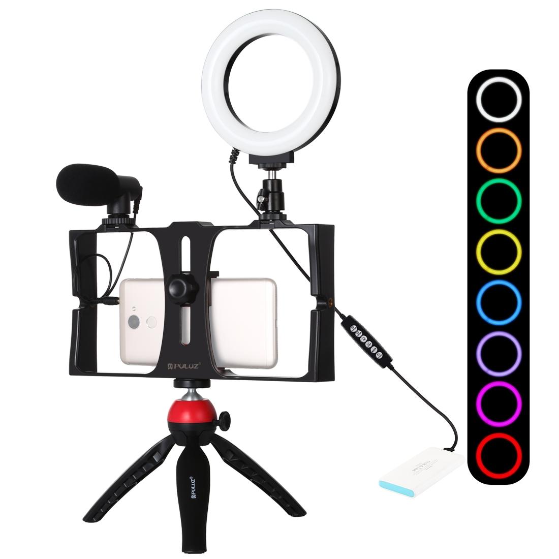 Vlogging Live Broadcast Smartphone Video Rig With 4.7 Inch Rgbw Ring Led Selfie Light Microphone And Pocket Tripod Mount Kit_Red Selfie Lights